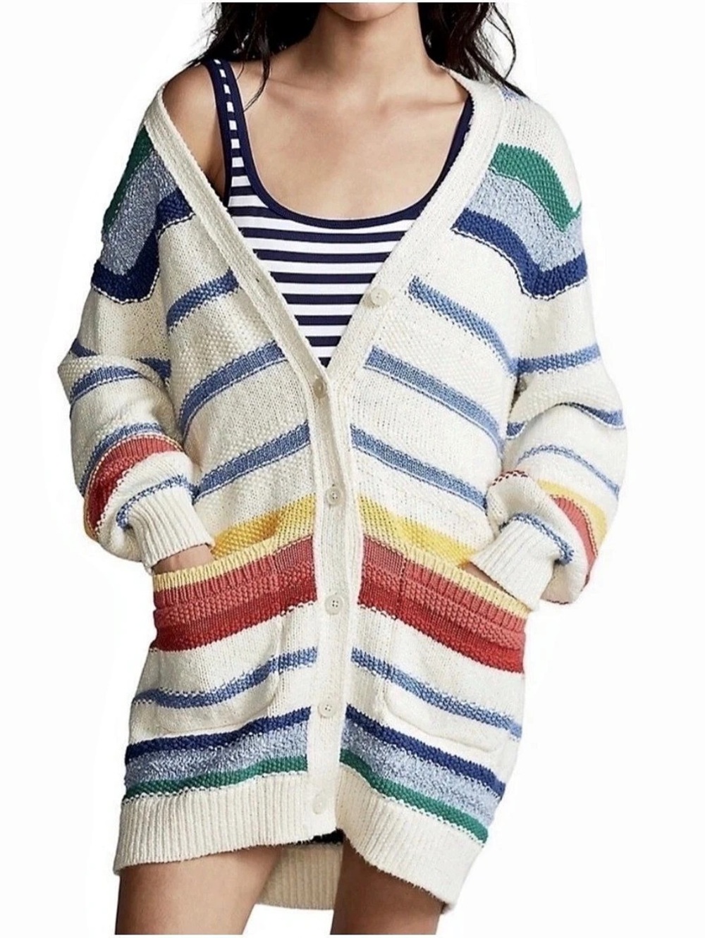 Polo Ralph Lauren Cardigan Sweater XS Striped Cotton Linen Rainbow Coastal $398